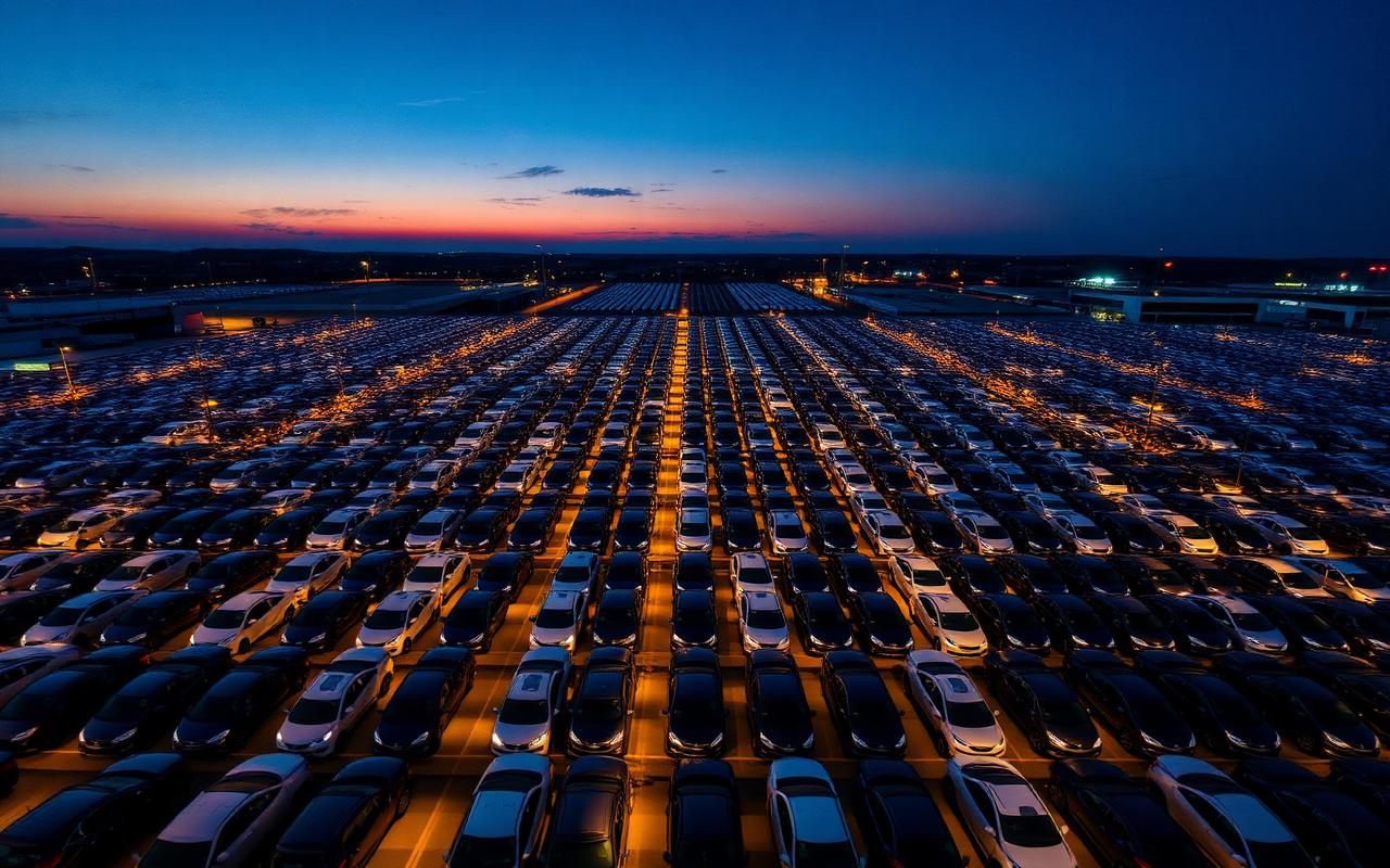 Aerial view of a vehicle storage lot with rows of new cars at dusk — Asset-backed securities offering in Sydney CBD, NSW