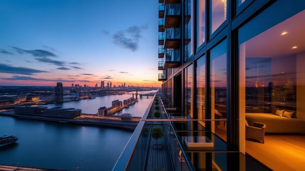 Riverside apartment tower at Canary Wharf, London, at dusk — Residential offering in Manchester, North West, England