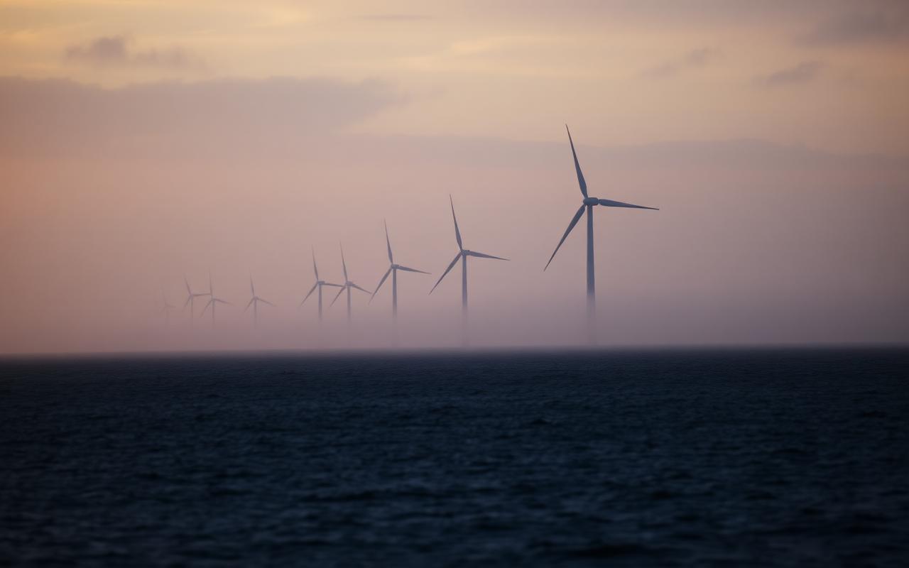 Offshore wind turbines in Bass Strait at dawn — Renewable infrastructure offering in Gippsland declared zone, VIC
