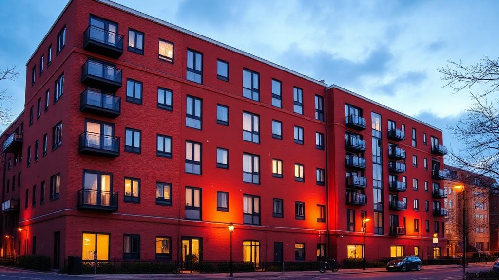 Red brick city centre apartment block in Leeds at dusk — Residential offering in Liverpool, North West, England
