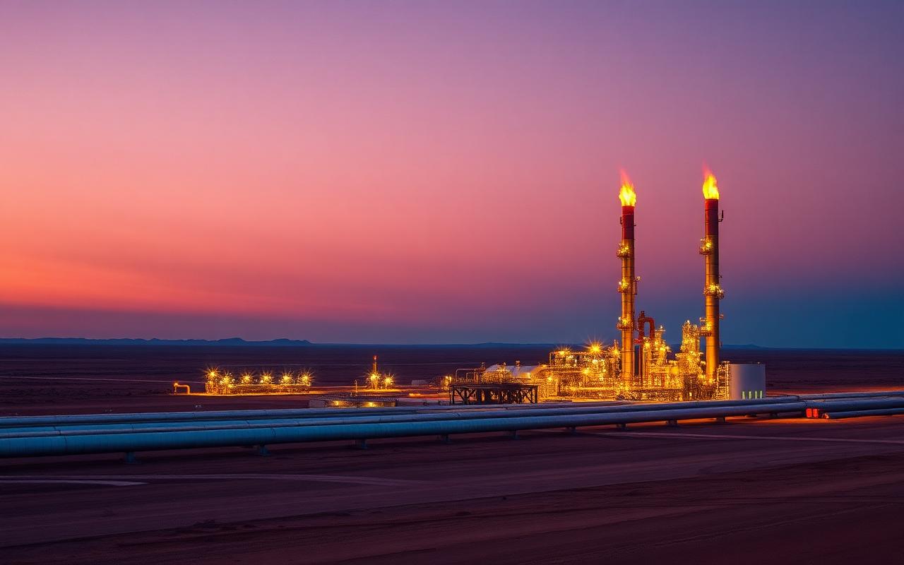 Remote outback gas processing facility and pipelines at dusk — Gas infrastructure offering in Moomba, SA