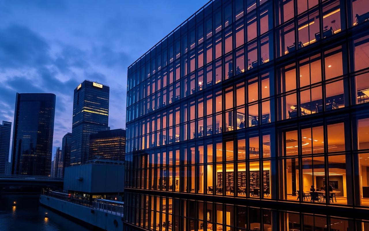 Modern glass technology office building lit at dusk — Venture debt offering in Southbank, VIC