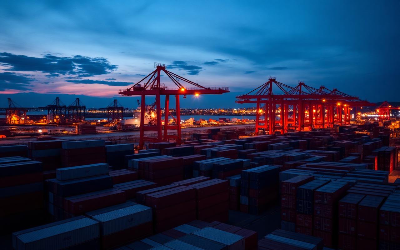 Container port with stacked containers and gantry cranes at dusk — Trade & receivables finance offering in Sydney CBD, NSW