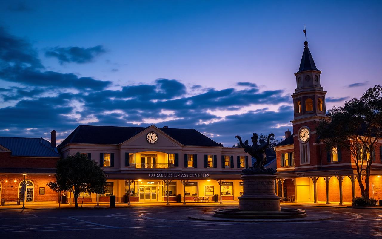 Regional civic centre and town square with heritage clock tower at dusk — Municipal & civic bonds offering in Wagga Wagga, NSW