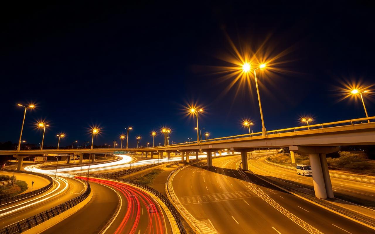 Multi-lane motorway interchange with light trails at dusk — Transport infrastructure offering in Western Sydney, NSW